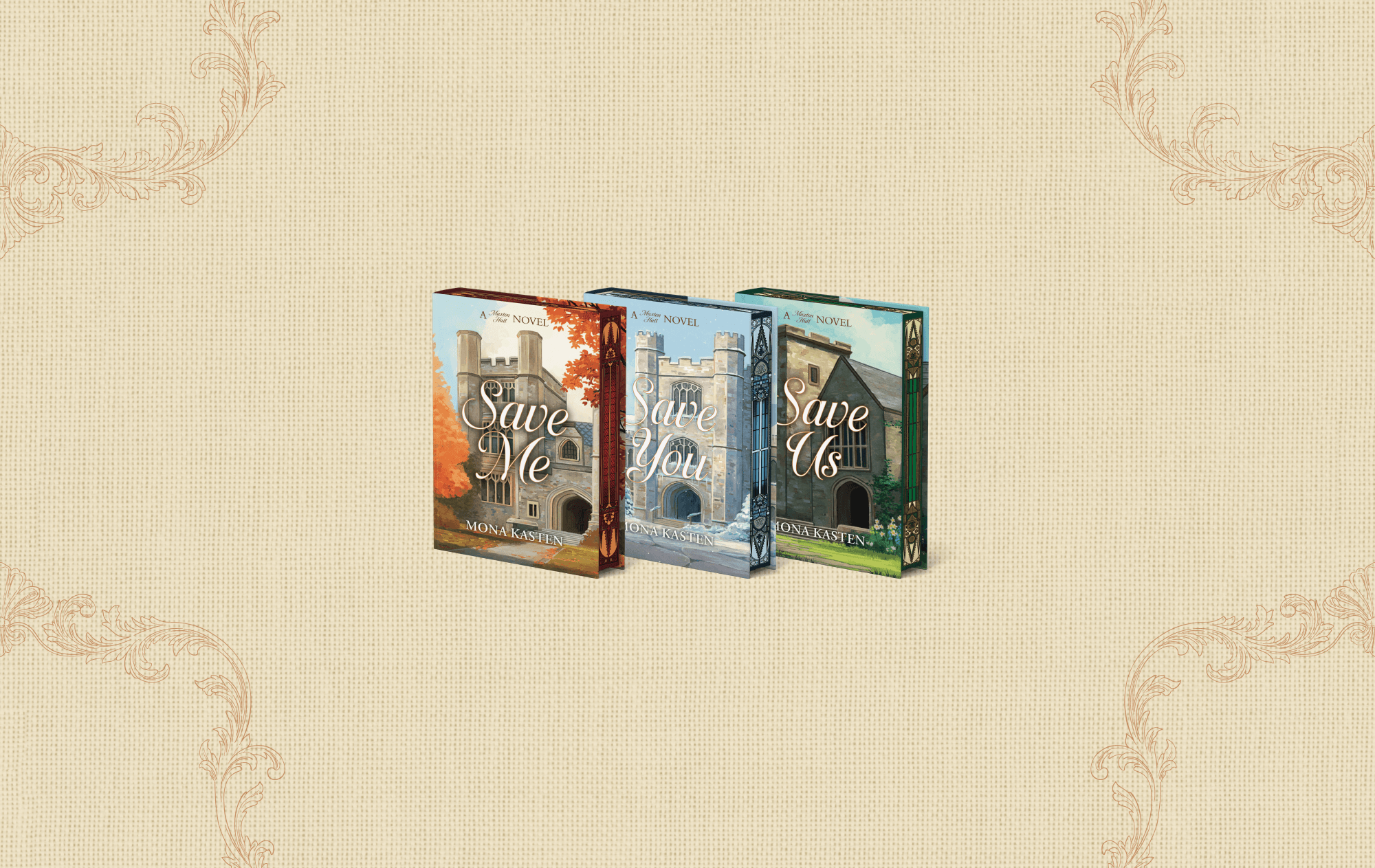 OwlCrate limited editions of the Maxton Hall book set trilogy. The front covers of three books are centered on a cream, paper-textured background with filigree designs framing the corners.