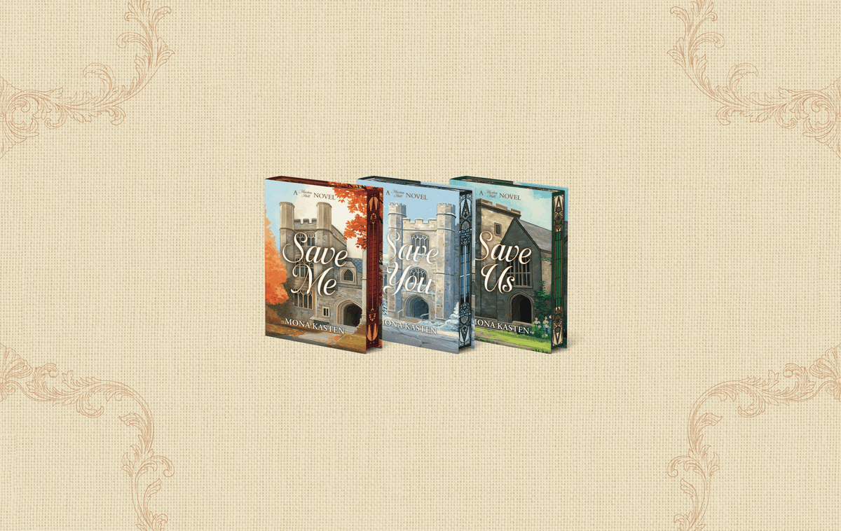 OwlCrate limited editions of the Maxton Hall book set trilogy. The front covers of three books are centered on a cream, paper-textured background with filigree designs framing the corners.