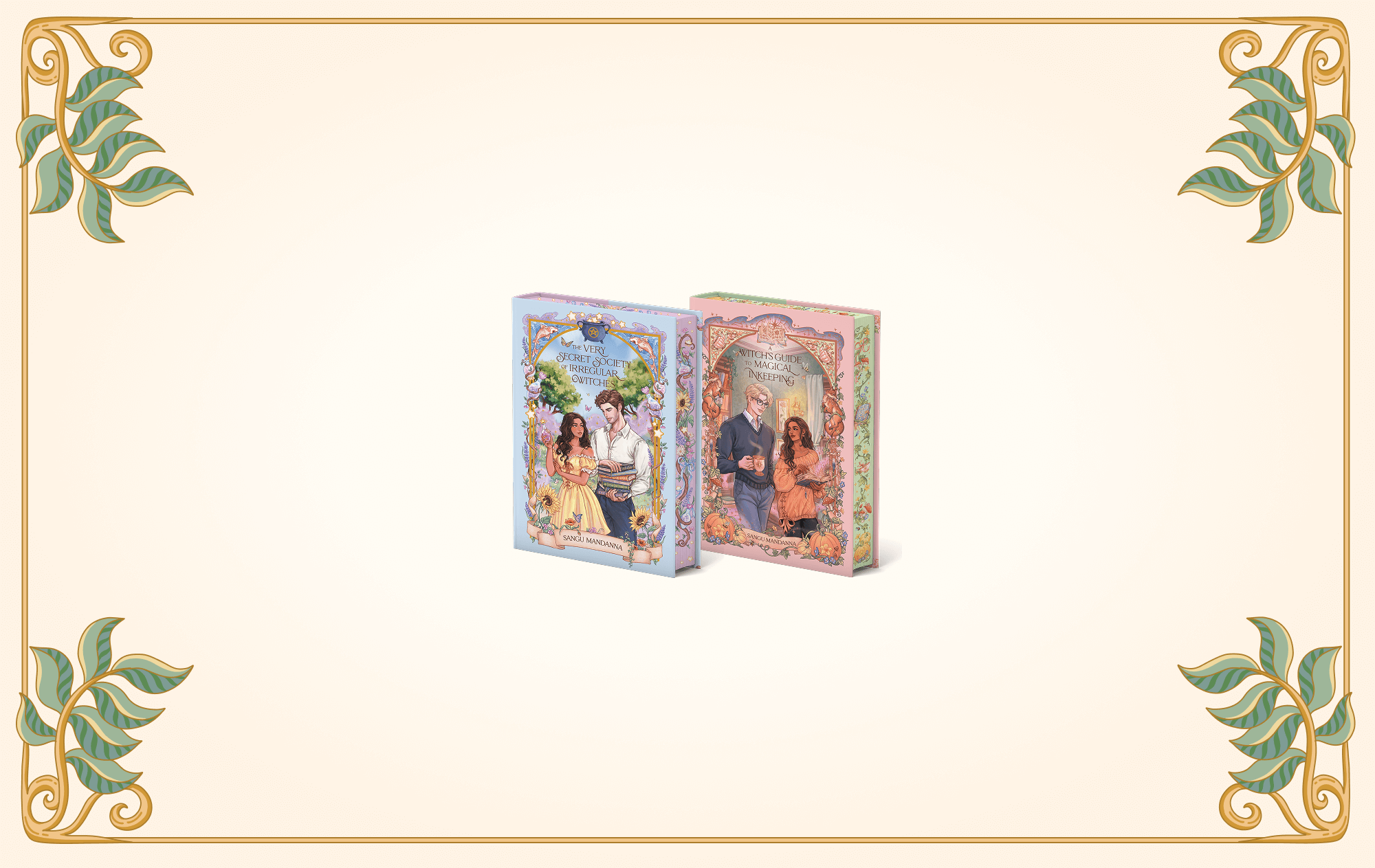 OwlCrate limited editions of The Very Secret Society of Irregular Witches and A Witch's Guide to Magical Innkeeping. The front covers of both books are centered on a cream background with gold and green vines framing the edges.