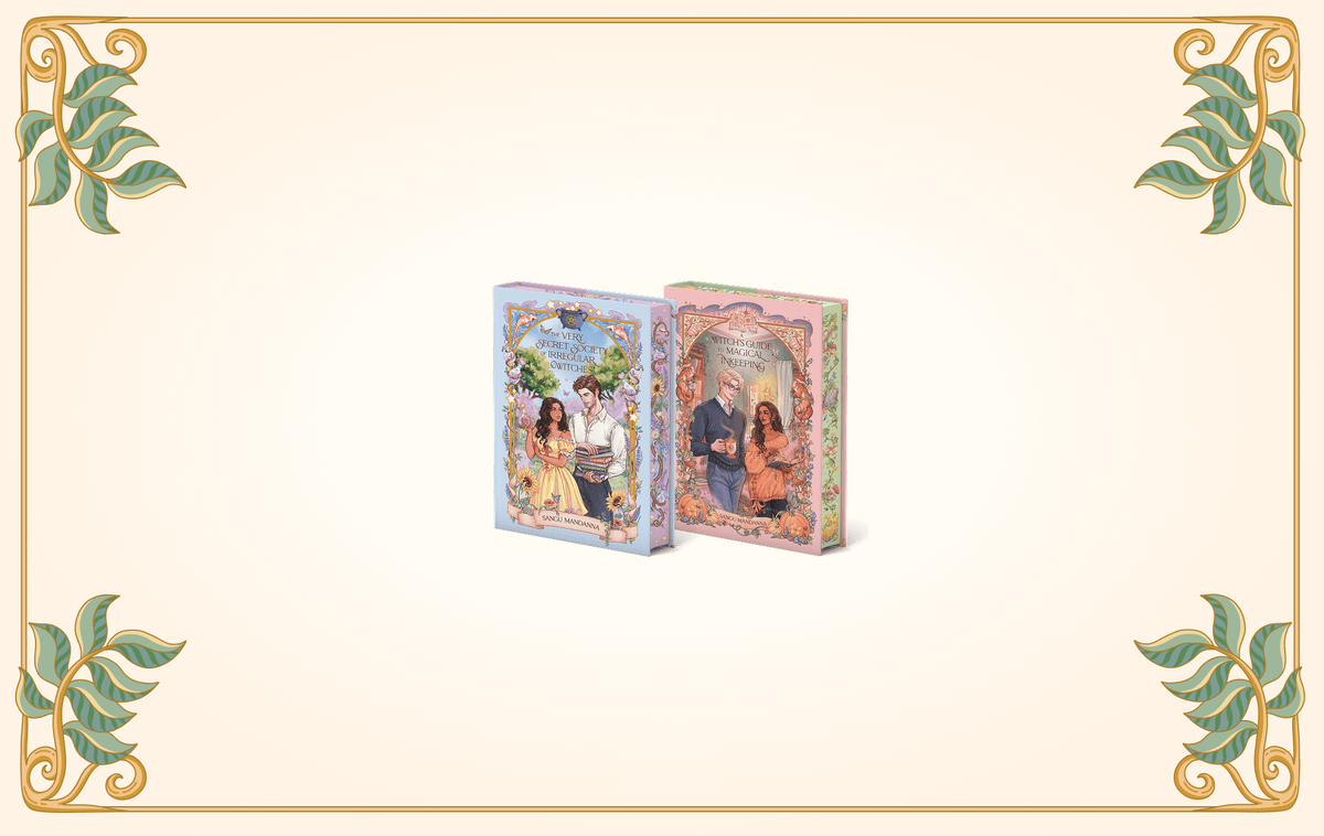 OwlCrate limited editions of The Very Secret Society of Irregular Witches and A Witch's Guide to Magical Innkeeping. The front covers of both books are centered on a cream background with gold and green vines framing the edges.