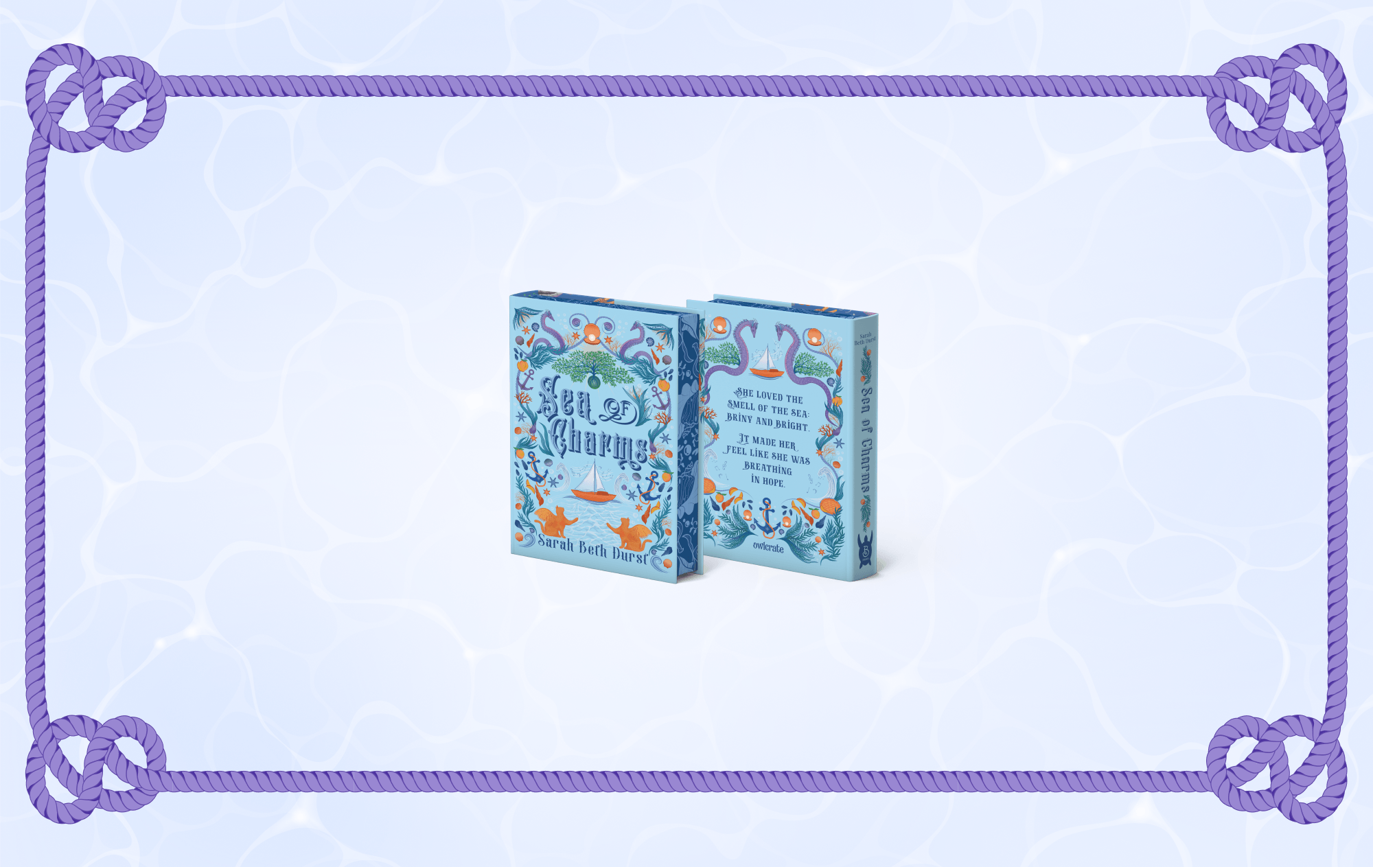 OwlCrate limited edition of Sea of Charms. Front and back covers centered on light purple background with water illusion. Darker purple nautical rope frames the edges of the border.