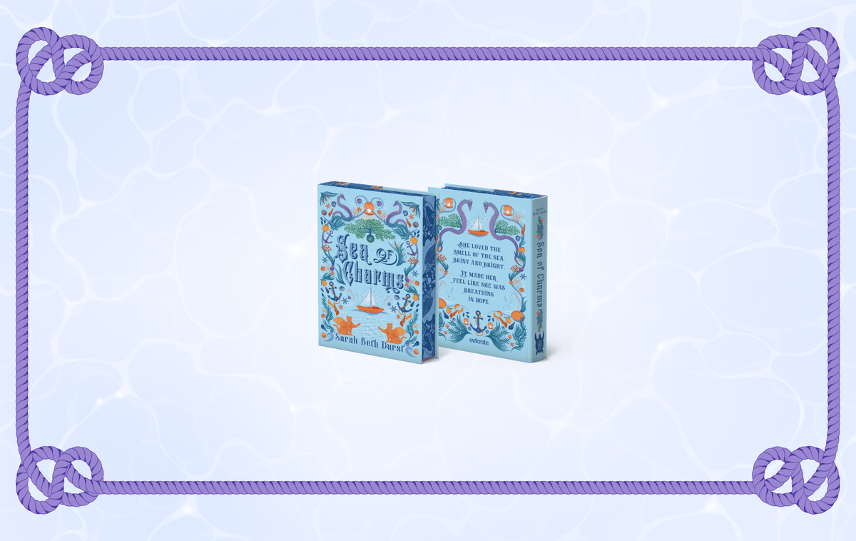 OwlCrate limited edition of Sea of Charms. Front and back covers centered on light purple background with water illusion. Darker purple nautical rope frames the edges of the border.