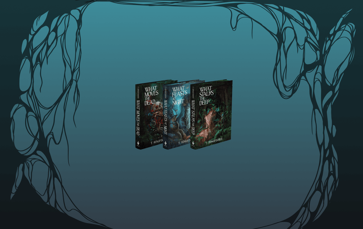 OwlCrate limited edition of the Sworn Soldier book set. The front of the three series books are centered on a blue ombre background with shadowed designs framing the borders.