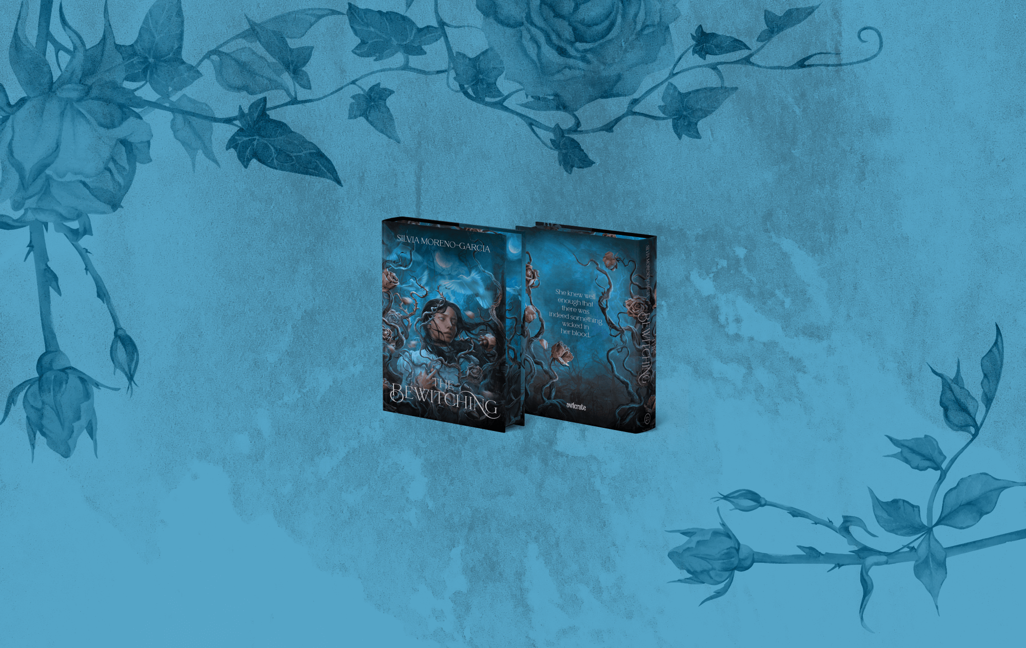 OwlCrate limited edition of The Bewitching. The front and back of the book are centered on a blue background with roses and vines framing the edges.