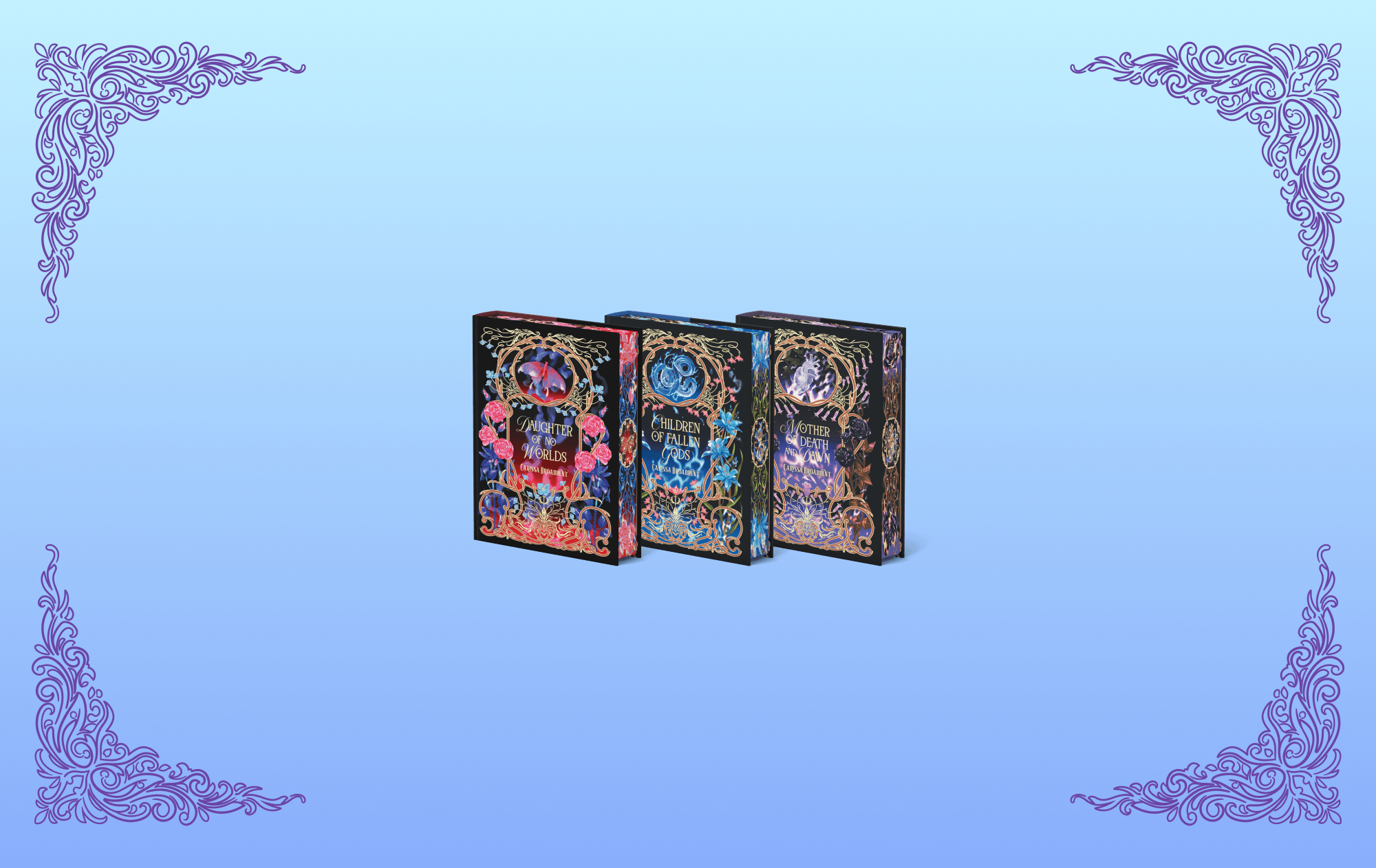 OwlCrate limited editions of The War of Lost Hearts book set trilogy. The front covers of three books are centered on a light blue to darker blue ombre background with purple filigree designs framing the corners.
