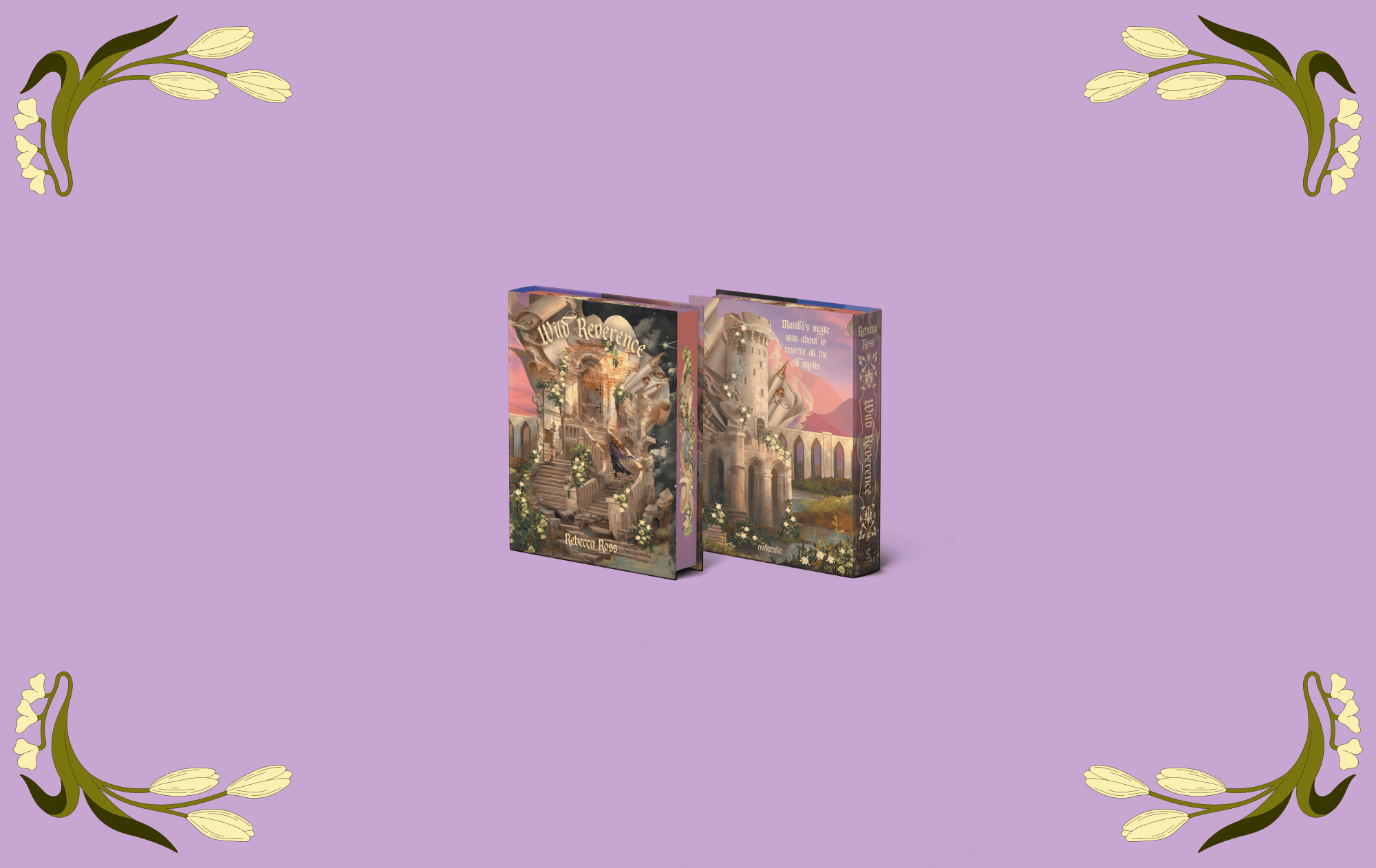 OwlCrate limited edition of Wild Reverence. The front and back of the book are centered on a light purple background with white stemmed flowers framing the edges.