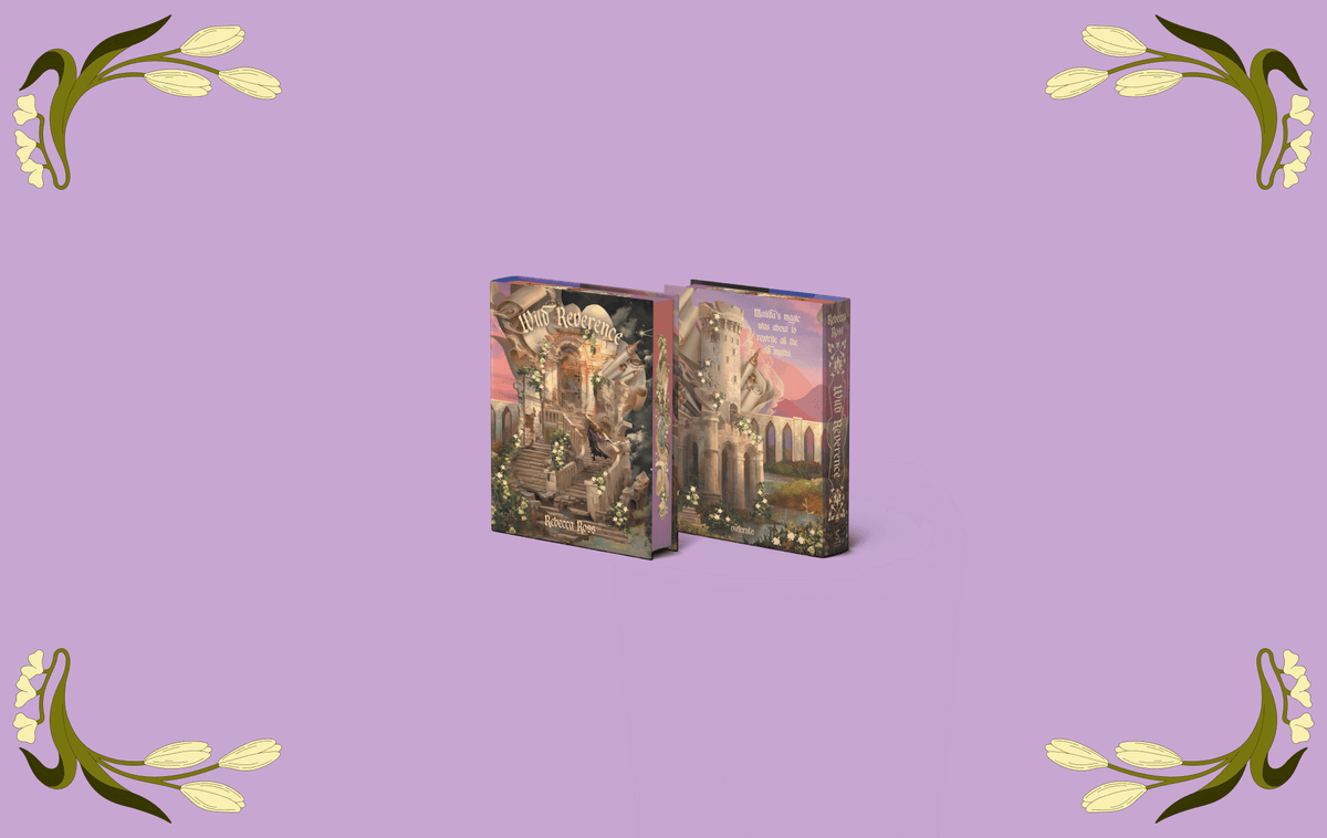 OwlCrate limited edition of Wild Reverence. The front and back of the book are centered on a light purple background with white stemmed flowers framing the edges.