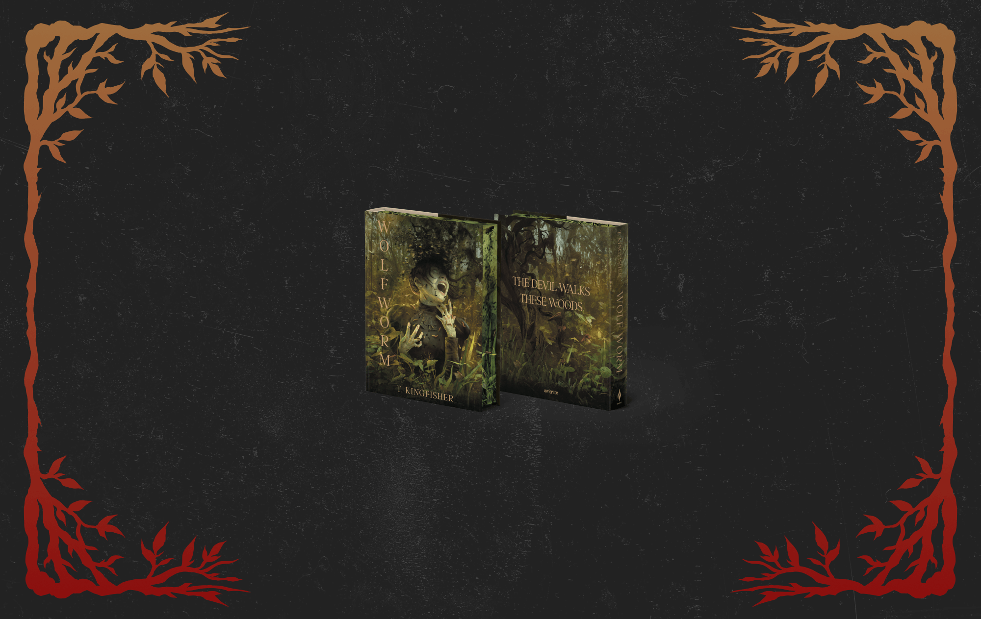 OwlCrate limited edition of Wolf Worm. The front and back of the book are centered on a black background with orange-to-red roots and branches frame the corners.