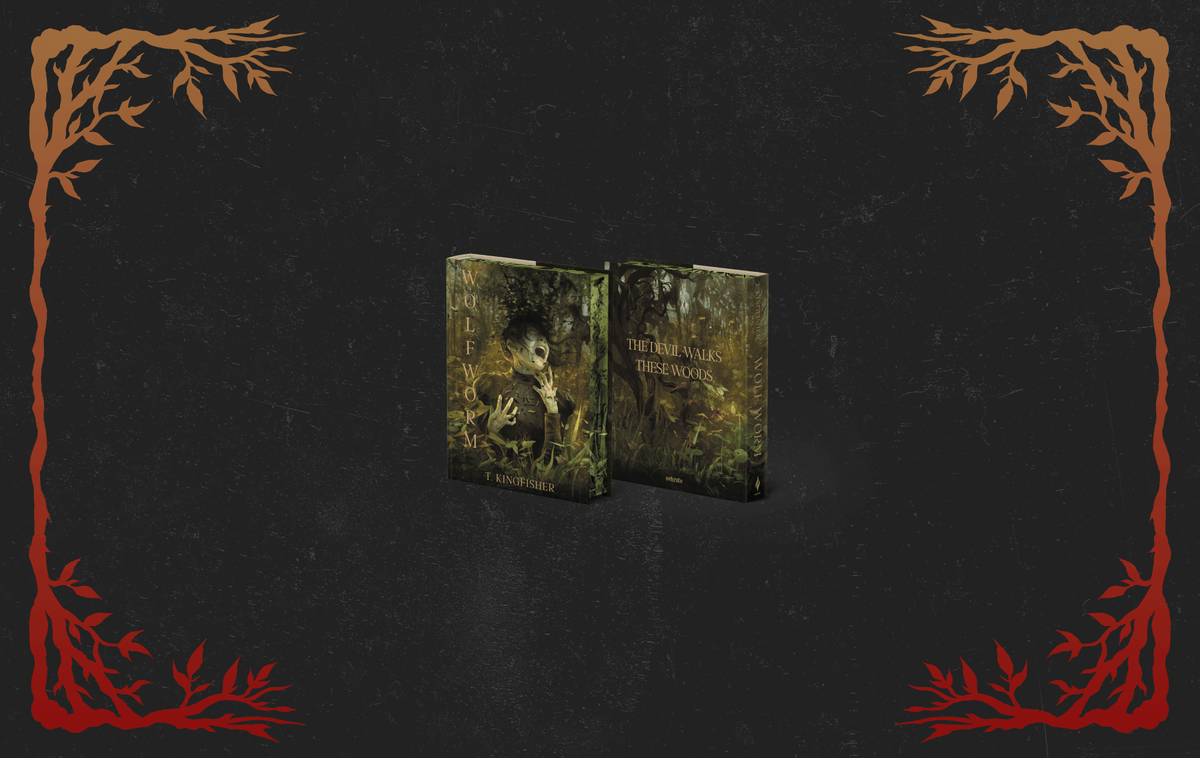 OwlCrate limited edition of Wolf Worm. The front and back of the book are centered on a black background with orange-to-red roots and branches frame the corners.
