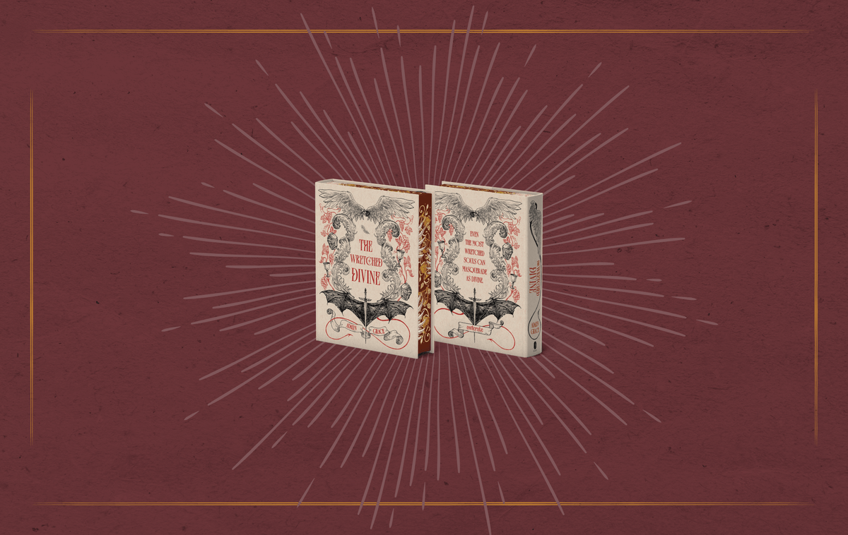 OwlCrate limited edition of The Wretched Divine book by Adalyn Grace. Front and back covers centered on a maroon background with  woodcut-style sun rays emitting from the centered books. 