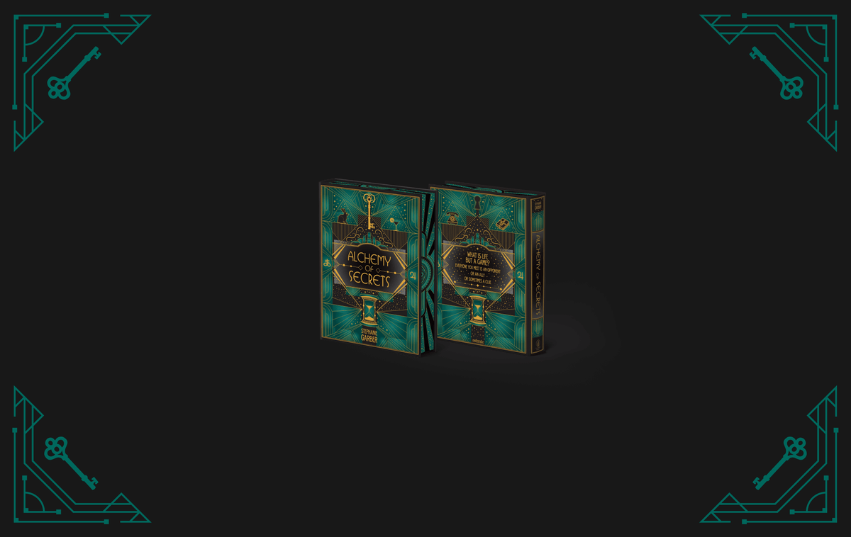 OwlCrate limited edition of Alchemy of Secrets. The front and back of the book are centered on a black background with green art deco-inspired designs framing the borders.