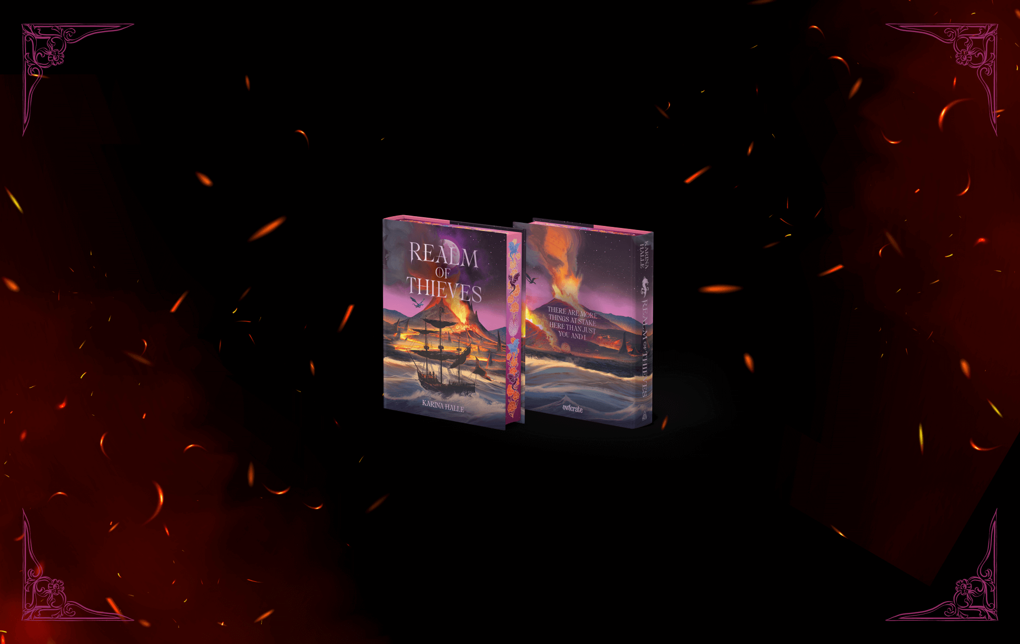 OwlCrate limited edition of Realm of Thieves. The front and back of the book is centered on a black background surrounded by fire embers, with ornamental designs framing the borders.