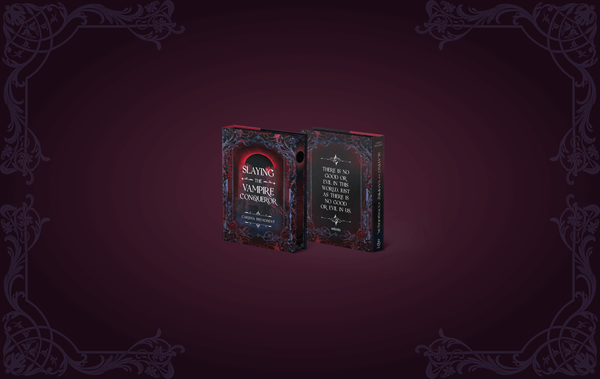 OwlCrate edition of the Slaying the Vampire Conqueror book, both front and back covers, centered on a deep purple background with decorative frames on the borders.