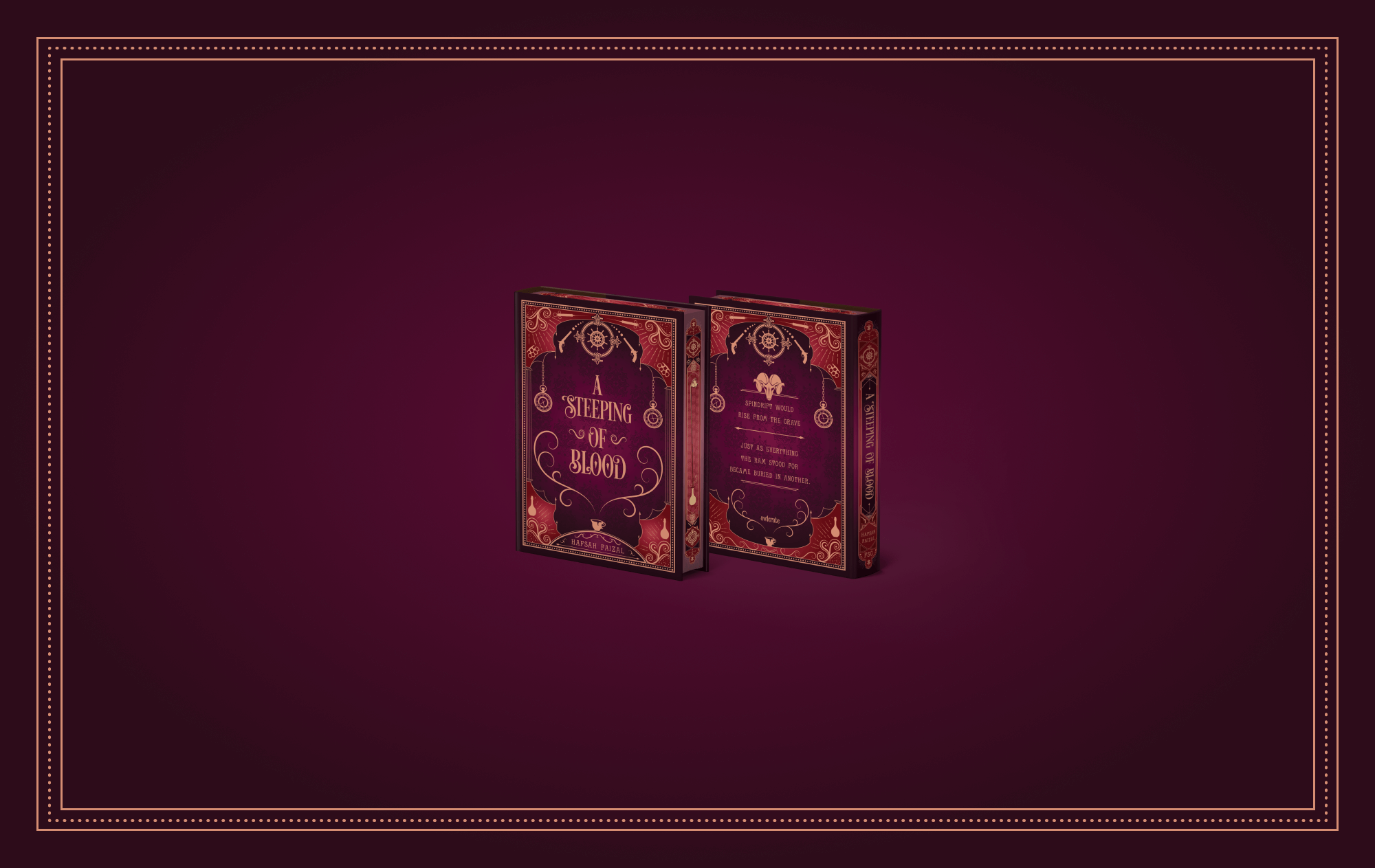 OwlCrate limited edition of A Steeping of Blood. The front and back of the book is centered on a deep purple background. An ornamental design of dotted lines frames the borders.