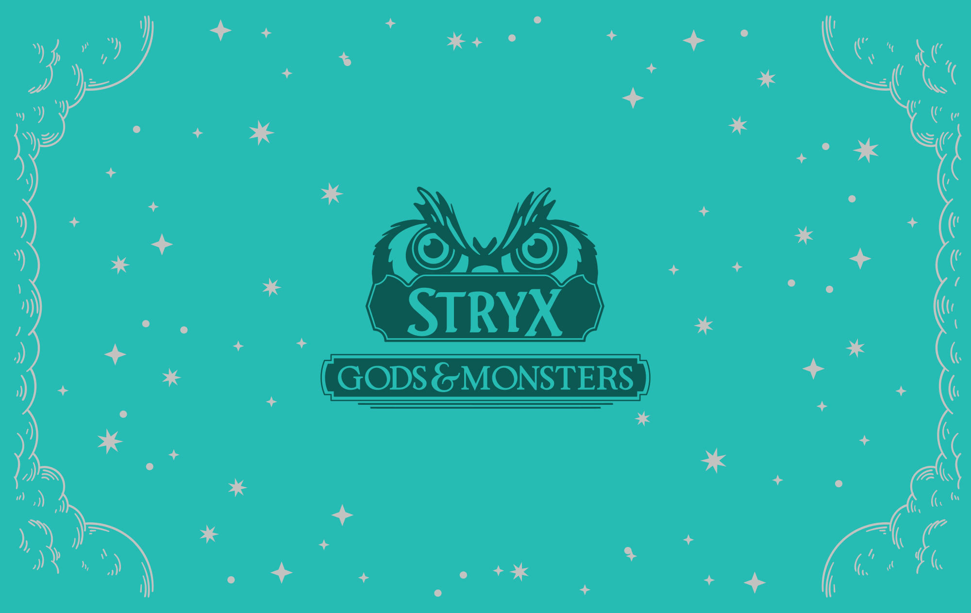 Stryx logo, owl eyes peaking over the words Stryx: Gods & Monsters, centered on a teal background with stars and clouds framing the edges.