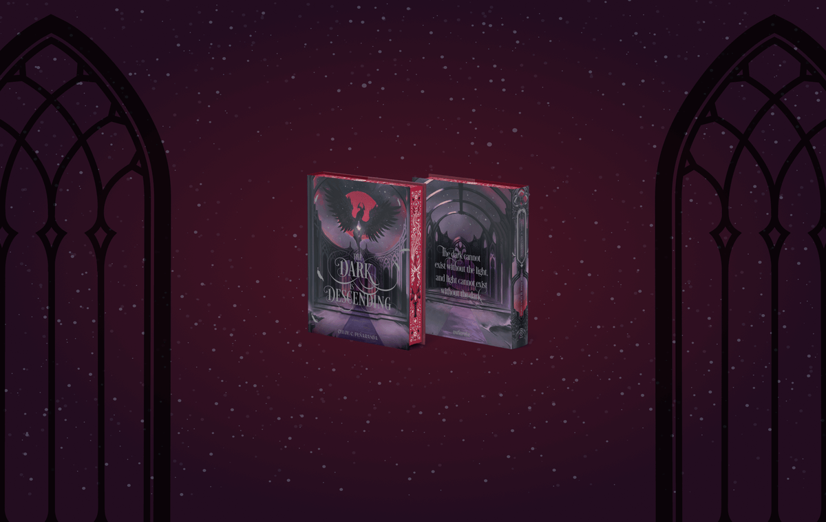 OwlCrate limited edition of The Dark is Descending. The front and back of the book is centered on a deep purple, starry background with gothic arches on either side.