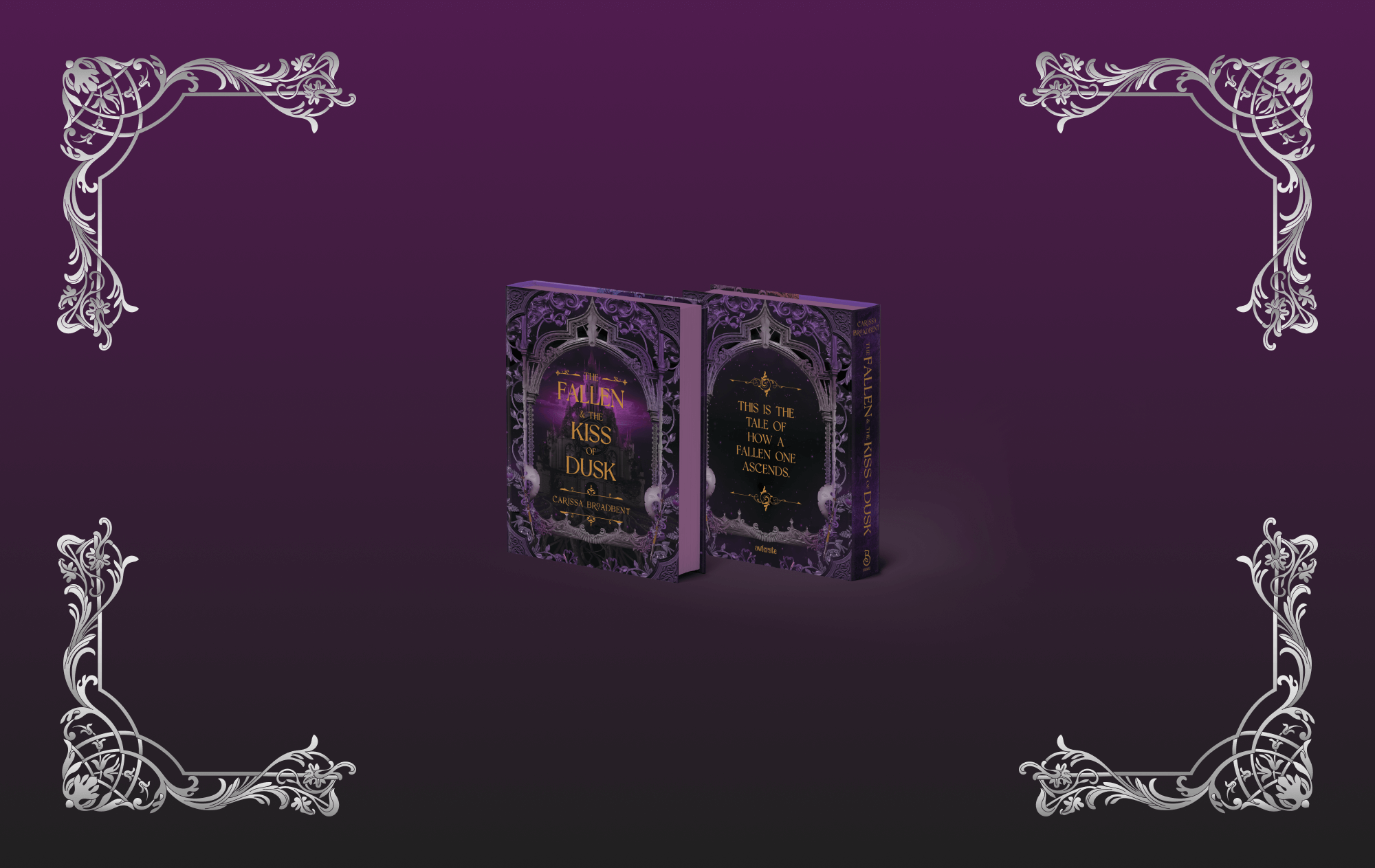 OwlCrate limited edition of The Fallen and the Kiss of Dusk. The front and back of the book are centered on a dark purple ombre background with silver filigree-inspired designs framing the borders.