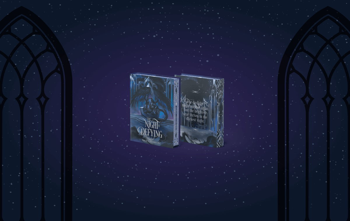 OwlCrate edition of The Night Is Defying books, both front and back covers, centered on a starry background. On either side are black silhouettes of gothic  window frames.