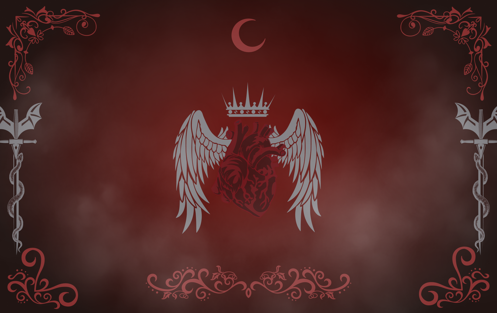 An anatomical heart with wings and a crown is centered. Background is a deep red darkening to almost black at the edges. Winged weapons with snakes winding up the blades frame the centre image.
