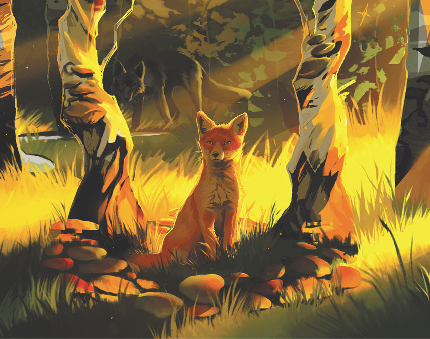 OwlCrate limited edition book of The Summer Queen by Rochelle Hassan. A fox  sitting in a toadstool circle in an autumn lit forest.