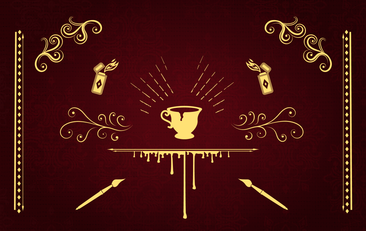 A cracked tea cup, surrounded by lighters, paintbrushes, and blood drips, surrounded by swirly designs and starbursts.