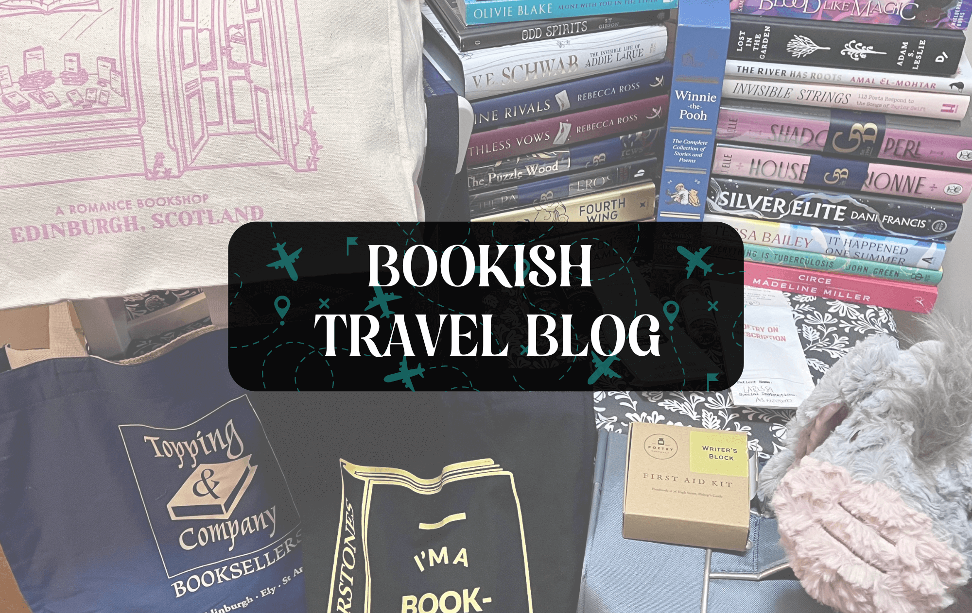 Bookish goodies in the background and the title:"Bookish Travel Blog" 