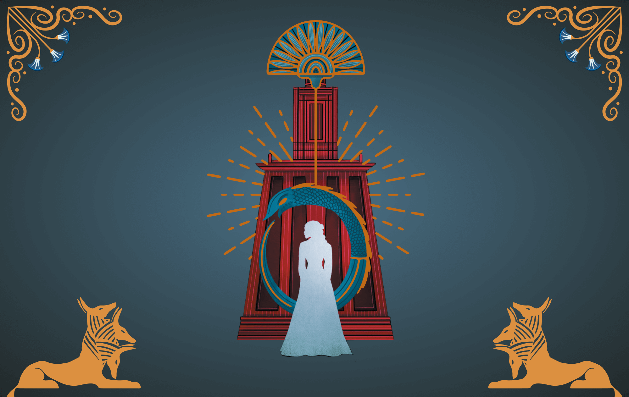 A red obelisk tower with a golden crown design centered, with a blue serpent and a blue female-shaped silhouette. 3-headed golden jackals on either side in the bottom corners, with golden designs in the top corners. 