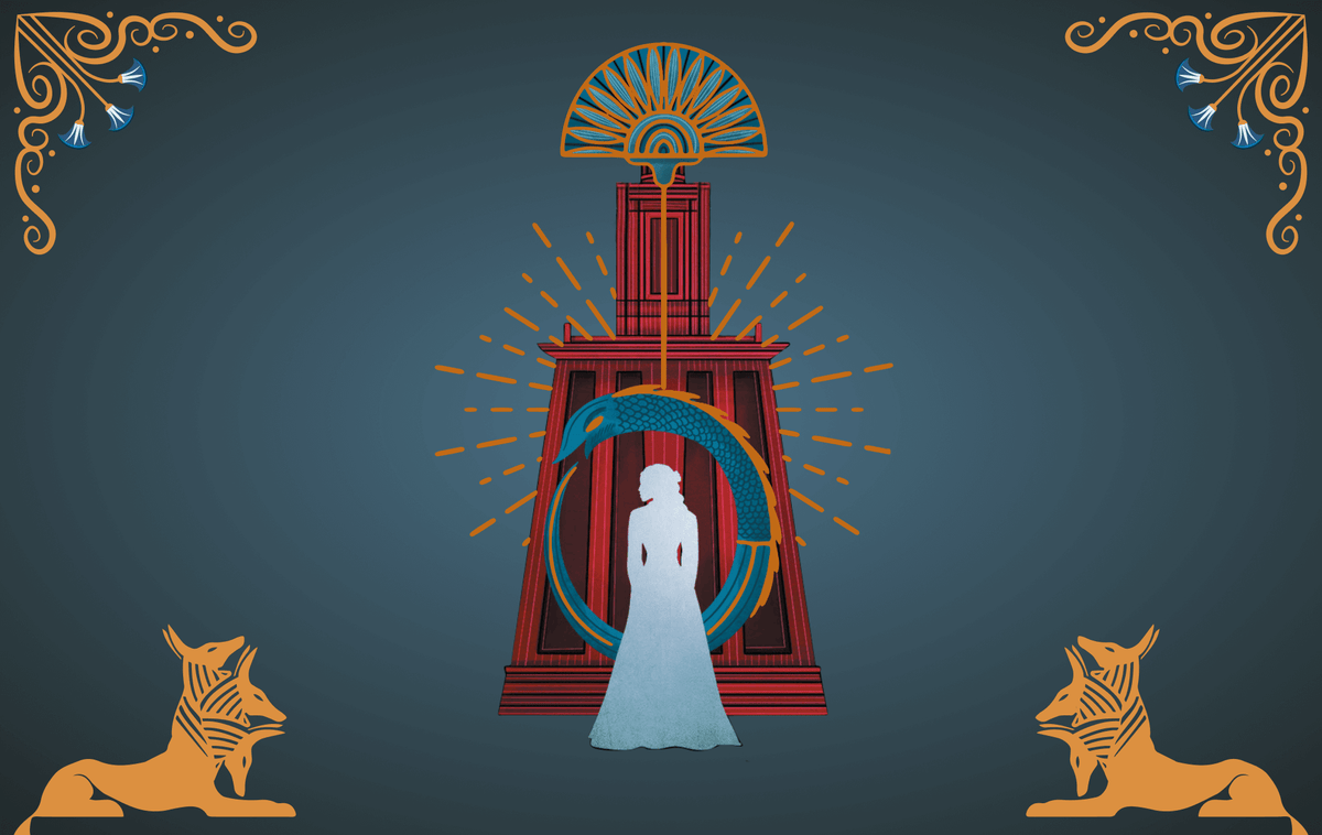 A red obelisk tower with a golden crown design centered, with a blue serpent and a blue female-shaped silhouette. 3-headed golden jackals on either side in the bottom corners, with golden designs in the top corners. 