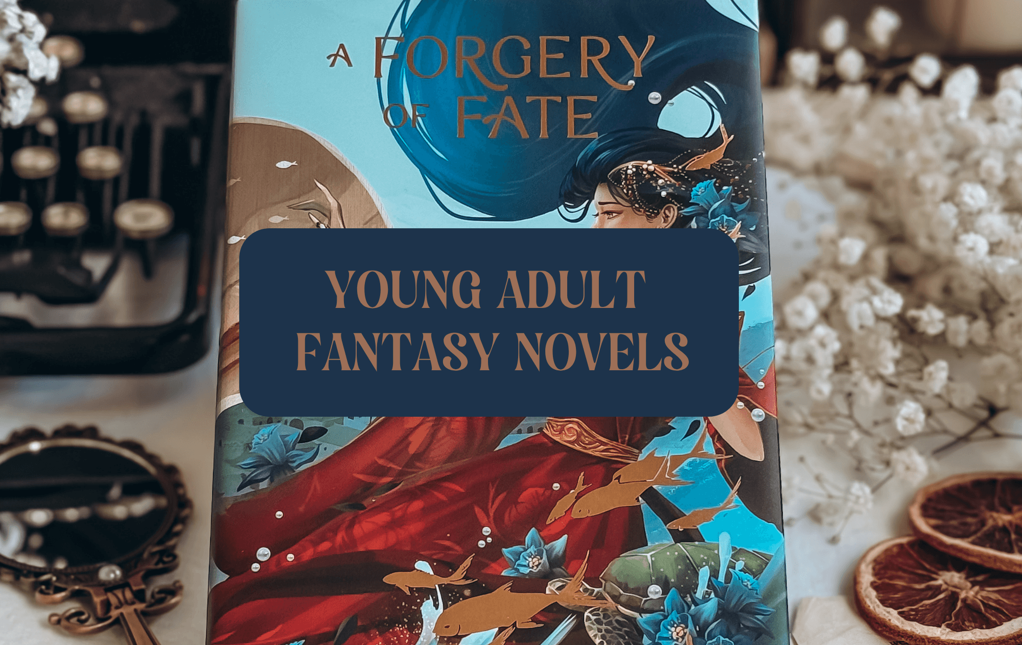 Graphic with photo of book and text which reads "Young Adult Fantasy Novels" 