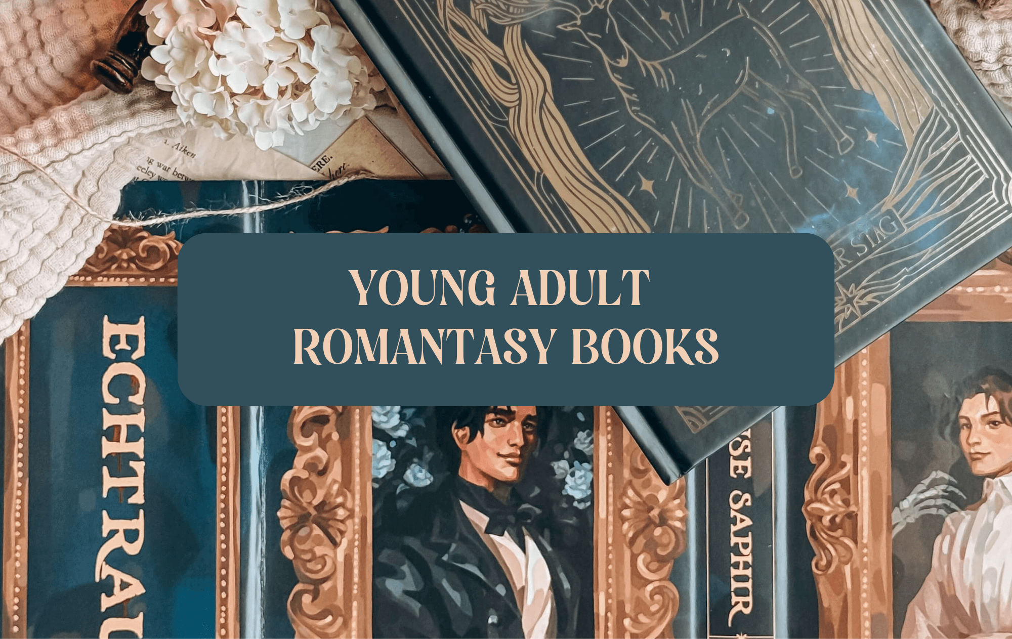 Graphic with photo of book and text which reads "Young Adult Romantasy Books"
