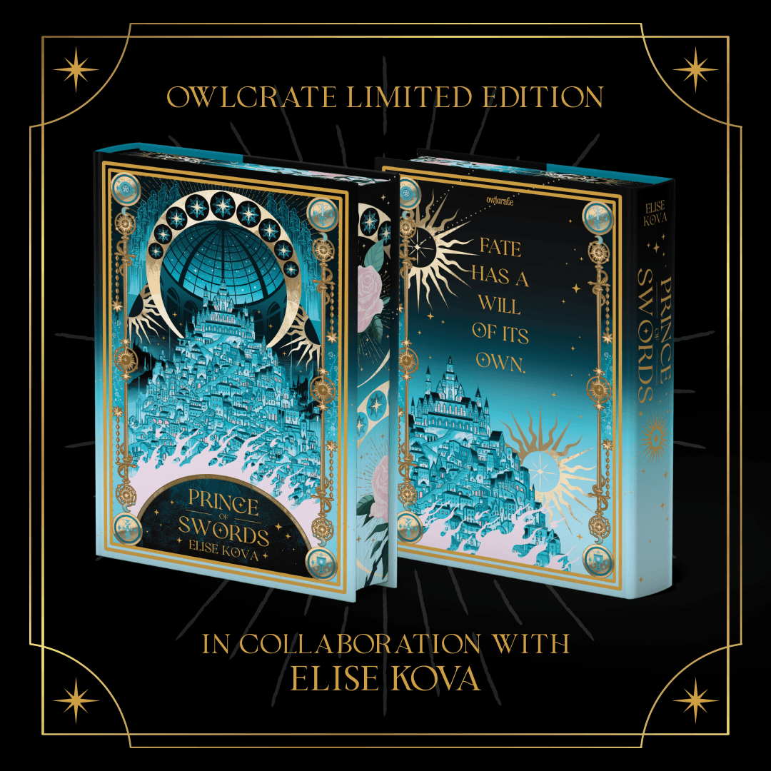 OwlCrate Limited Edition of Prince of Swords, in collaboration with Elise Kova. The mockup for the front and back book cover features ornate gold and teal fantasy artwork of a tiered city on a black background framed by gold art deco-inspired designs.