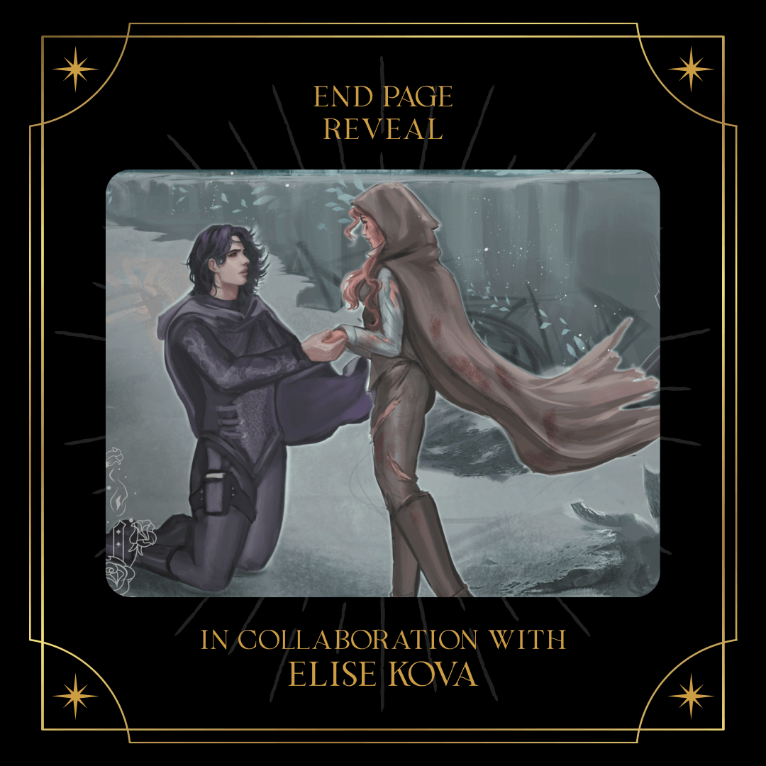 End page reveal in collaboration with Elise Kova. A rectangular illustrated art piece is featured showing a couple in a wintery scene, one dressed all in black kneeling in front of the other who wears a brown cloak and cape. The art is centered on a black background framed by gold art deco-inspired designs. 