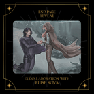 End page reveal in collaboration with Elise Kova. A rectangular illustrated art piece is featured showing a couple in a wintery scene, one dressed all in black kneeling in front of the other who wears a brown cloak and cape. The art is centered on a black background framed by gold art deco-inspired designs. 