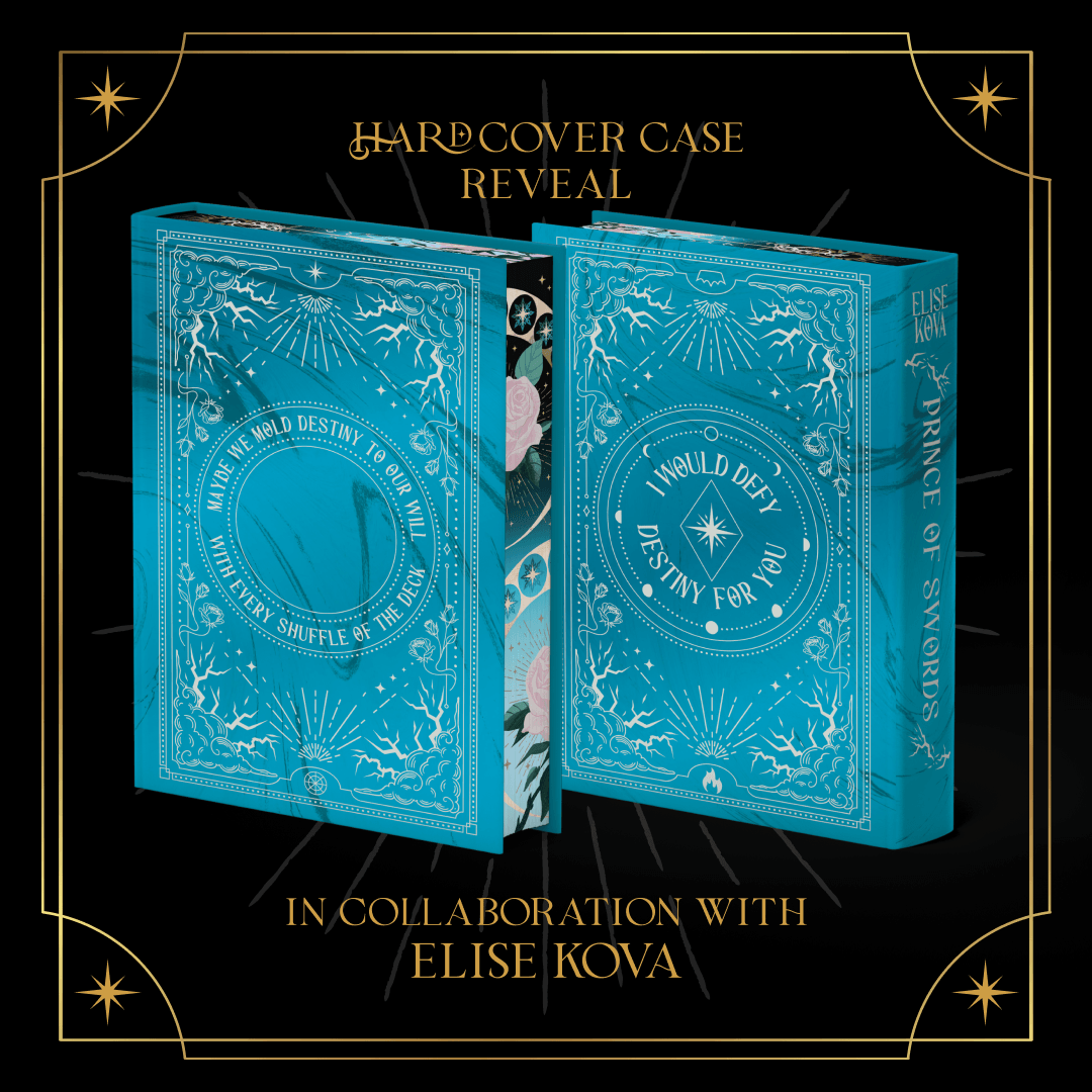 Hardcover case reveal graphic, in collaboration with Elise Kova. The mockup for the front and back hardcover features an elaborate foild design on a marbled blue base. The hardcover mockup mockup is shown on a black background framed by gold art deco-inspired designs.