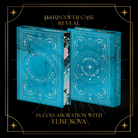 Hardcover case reveal graphic, in collaboration with Elise Kova. The mockup for the front and back hardcover features an elaborate foild design on a marbled blue base. The hardcover mockup mockup is shown on a black background framed by gold art deco-inspired designs.