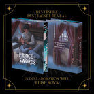 Reversible dust jacket reveal for Prince of Swords, in collaboration with Elise Kova. The mockup for the front and back dust jacket artwork features an illustrated scene of two people laying on a four-poster bed. Dust jacket mockup is shown on a black background framed by gold art deco-inspired designs.