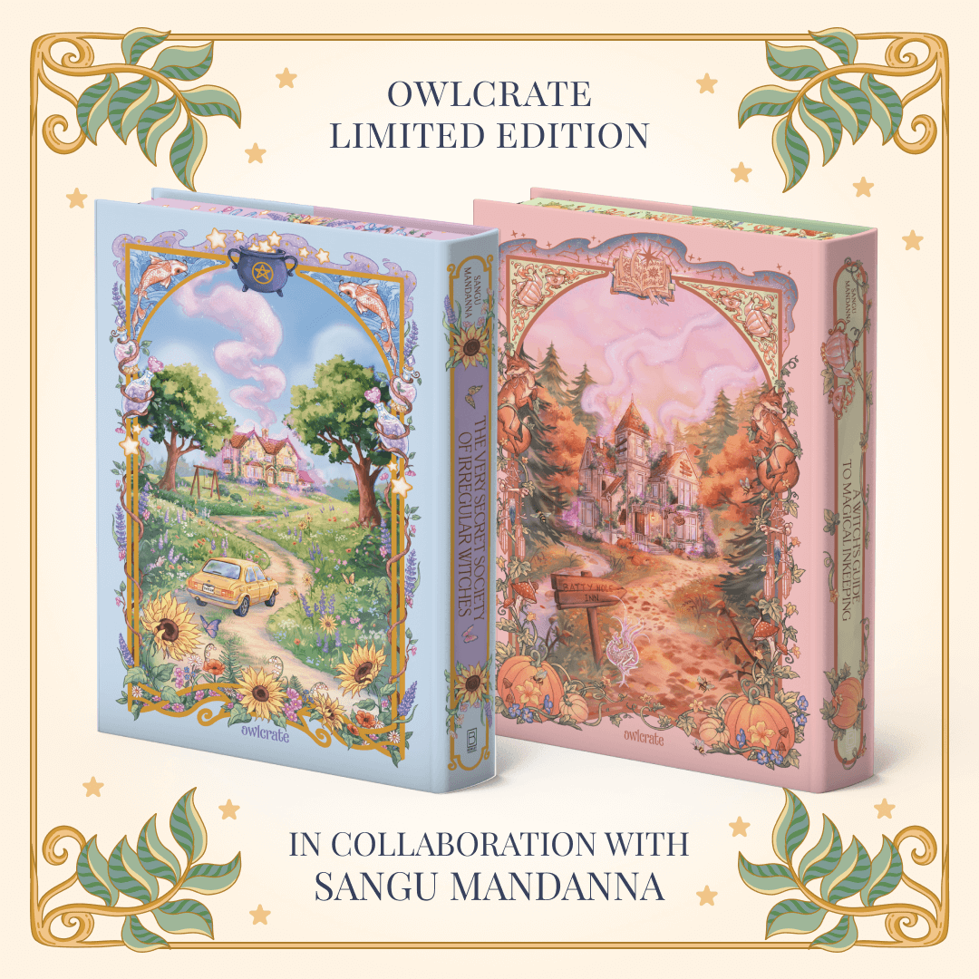 Two Owlcrate Limited Edition books of The Very Secret Society of Irregular Witches and A Witch's Guide to Magical Innkeeping by Sangu Mandanna. Back covers feature illustrations of the house main settings within decorative borders. 