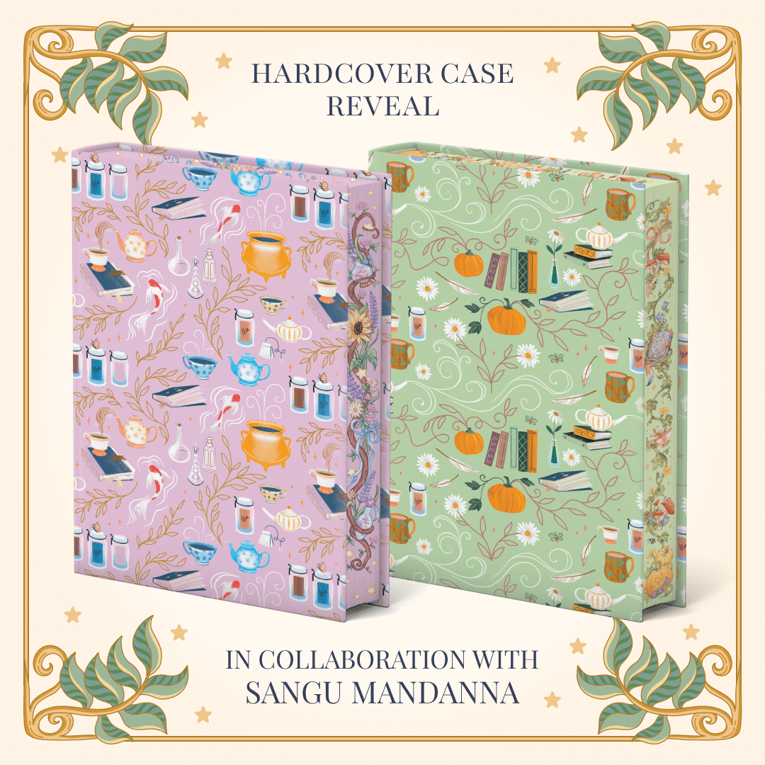 Two Owlcrate Limited Edition books of The Very Secret Society of Irregular Witches and A Witch's Guide to Magical Innkeeping by Sangu Mandanna. The hardcover cases feature repeating patterns of decorative elements, such as tea cups and teapots, books, flowers, cauldrons, and pumpkins.