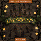 Graphic for the OwlCrate Young Adult August 2026 CHECKMATE box. The graphic design features chessboard background, silhouetted chess pieces, a green banner reading 'CHECKMATE' in gold, framed by branches and glowing orbs.
