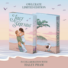OwlCrate limited edition of Just Friends in collaboration with Haley Pham. Front and back cover of the book are shown on a beachy background at sunset. 