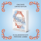 OwlCrate Limited Edition of The Mirror of Infinite Endings, in collaboration with Stephanie Garber. A white book depicting an illustrated decorative mirror and blue smoke centered on a light blue background framed by rose-gold filigree.  