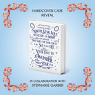 Hardcover case reveal for the OwlCrate Limited Edition of The Mirror of Infinite Endings, in collaboration with Stephanie Garber. A white book fearturing a long quote in dark blue is centered on a light blue background framed by rose-gold filigree.  