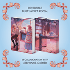 Reversible dust jacket reveal for the OwlCrate Limited Edition of The Mirror of Infinite Endings, in collaboration with Stephanie Garber. The front and back of the dust jacket are centered, featuring a man being served pie by a woman in a pastel-coloured bakery scene. Dust jacket artwork is centerd on a light blue background framed by rose-gold filigree.