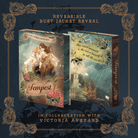 Reversible dust jacket reveal of Tempest, in collaboration with Victoria Aveyard. The front and back dust jacket designs are shown on a dark blue background with an illustrated wood cut-style ship on ocean waves. The front dust jacket depicts a man and woman in a romatnic pose, with the Tempest title in front on a parchment paper surrounded by roses. The back dust jacket shows a matching quote on a parchment scroll surrounded by black roses. Below is an illustrated ship and white tower.