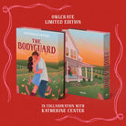 OwlCrate limited edition of The Bodyguard, in collaboration with Katherine Center. The left-most, front cover depicts an illustrated couple embracing in a flowery meadow at sunset. The right-most, back cover shows an illustrated white farm house-style house in that same flowery meadow. Books are on a bright orange-red background framed by pink ribbons.