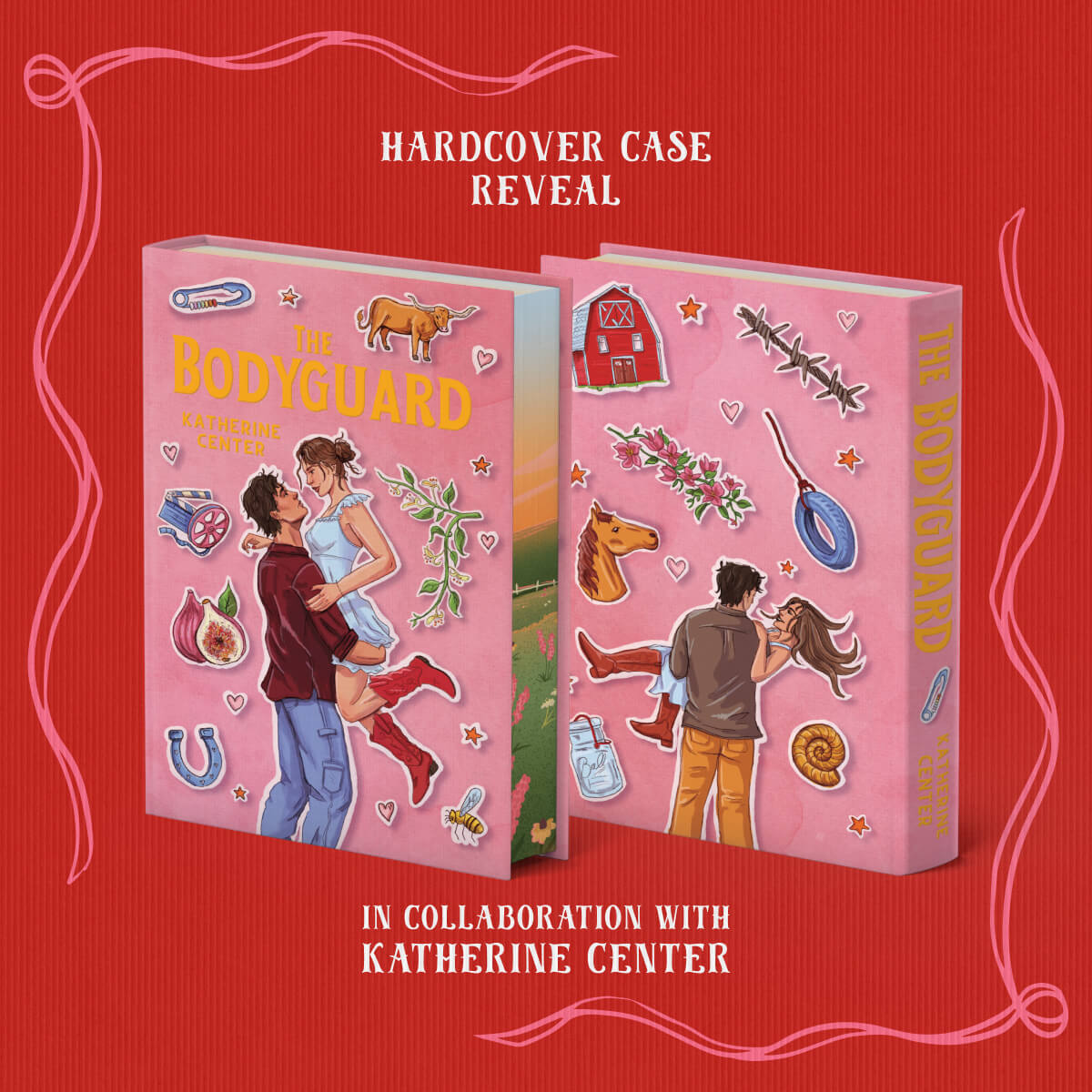Hardcover case reveal for The Bodyguard, in collaboration with Katherine Center. The front and back covers depict a couple embracing in various poses with illustrated elements, such as figs, vines, a red farmhouse, etc, surrounding them on a pink background. Books are on a bright orange-red background framed by pink ribbons.
