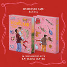 Hardcover case reveal for The Bodyguard, in collaboration with Katherine Center. The front and back covers depict a couple embracing in various poses with illustrated elements, such as figs, vines, a red farmhouse, etc, surrounding them on a pink background. Books are on a bright orange-red background framed by pink ribbons.