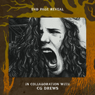 End page reveal showing an artistic depiction of a woman screaming with the text 'in collaboration with CG Drews' below, on a brown background with illustrated green bare trees. 