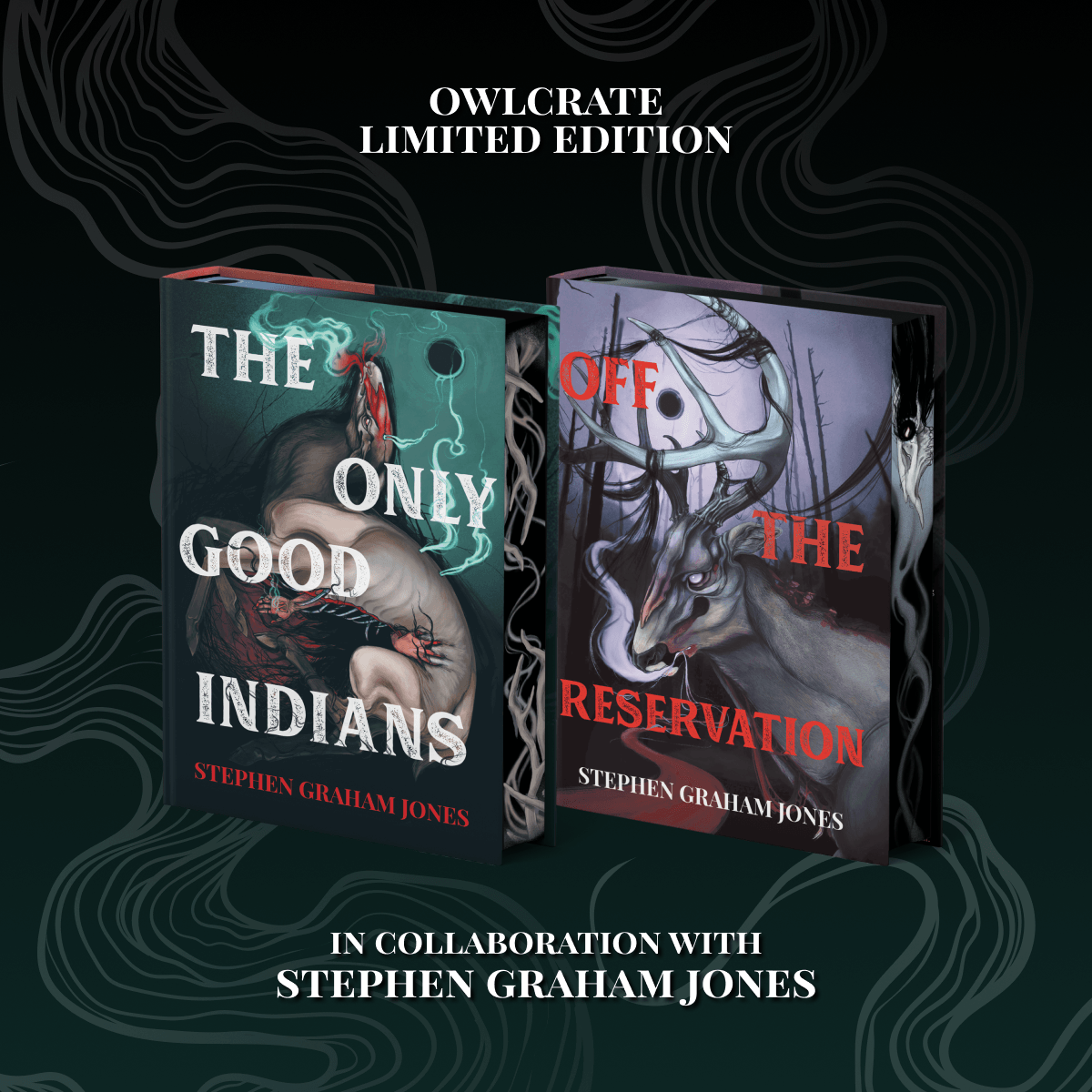 OwlCrate limited editions of The Only Good Indians and Off the Reservation book set, in collaboration with Stephen Graham Jones. The front covers of two books are centered on a dark teal background with illustrative smoke. Covers each show illustrations of a large desicated animal.