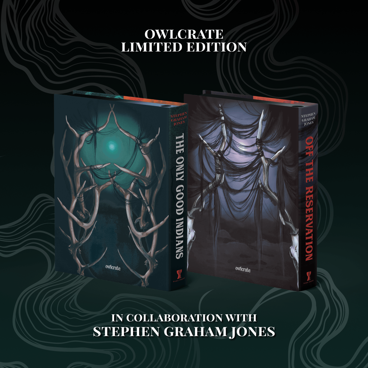 OwlCrate limited editions of The Only Good Indians and Off the Reservation book set, in collaboration with Stephen Graham Jones. The back covers for the two books are centered on a dark teal background with illustrative smoke. Covers show illustrative animal antlers strung together with hair. 